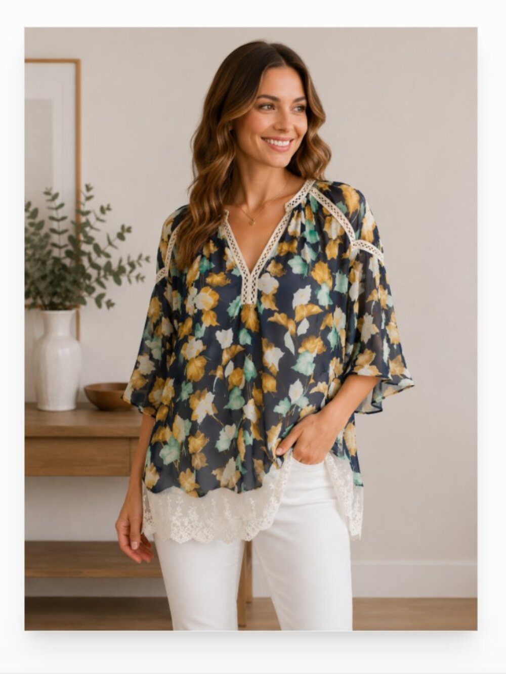 Kori Americana women's S semi sheer peasant blouse with lace trim EUC lace trim